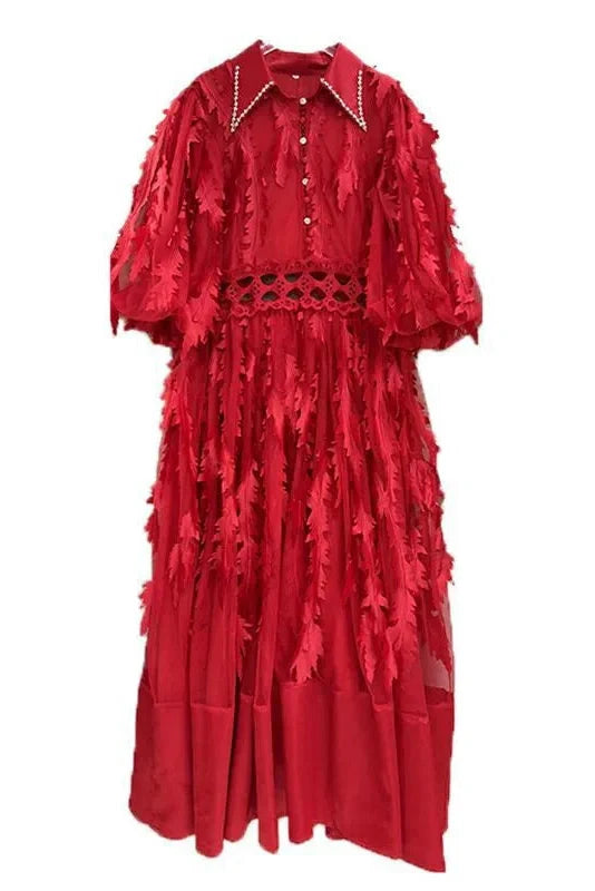 Elegant Loose Puff Sleeve High Waist Midi Dress
