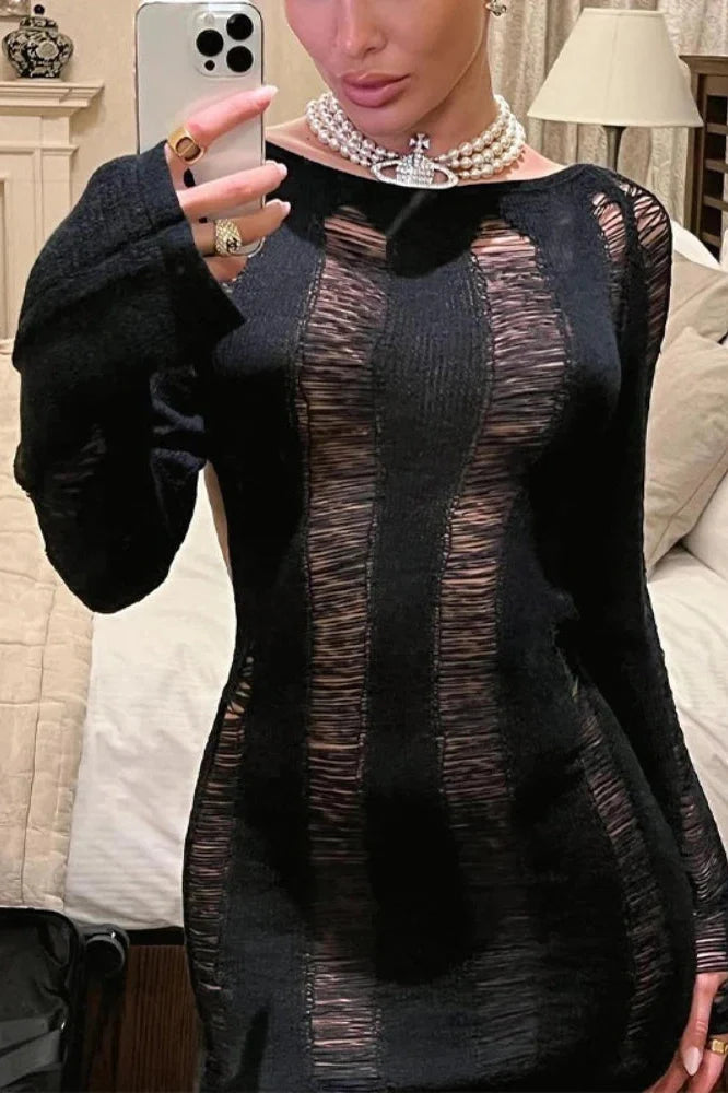 Hollow Out Knitted Bodycon Long Sleeve Backless Mini Dress
