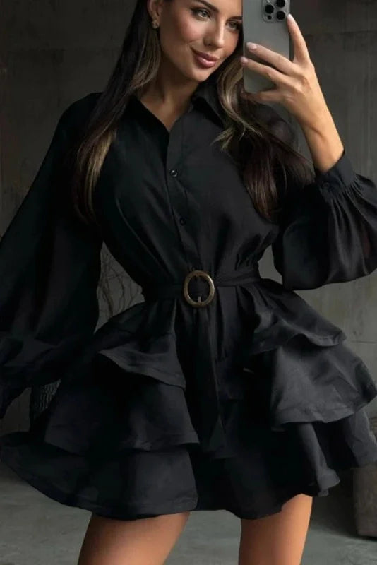 Elegant Long Sleeves Single-Breasted Belt Mini Dress