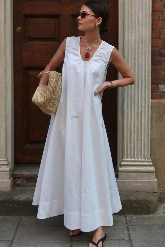 Sleeveless Cotton U-Neck Loose Maxi Dress