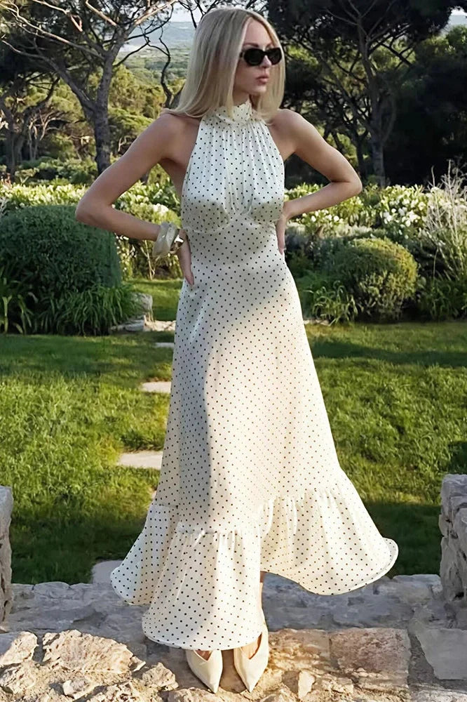 Polka Dot Sleeveless Backless High Waist Maxi Dress