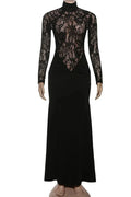 Lace Slim See-Through Long-Sleeved High-Waisted Maxi Dress