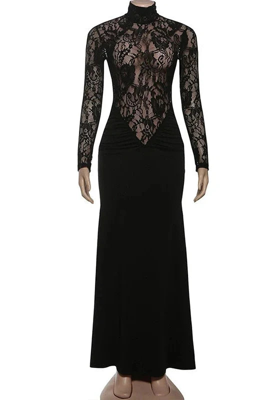 Lace Slim See-Through Long-Sleeved High-Waisted Maxi Dress