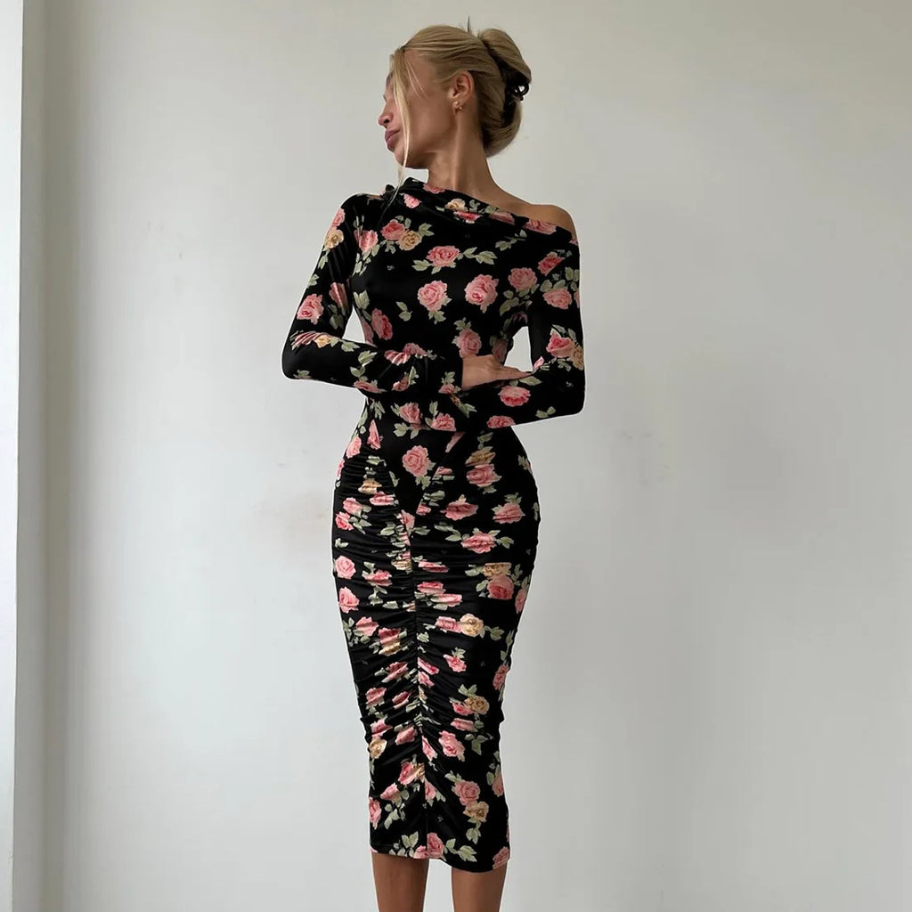 Printed Pleated Long Sleeve Bodycon Midi Dress