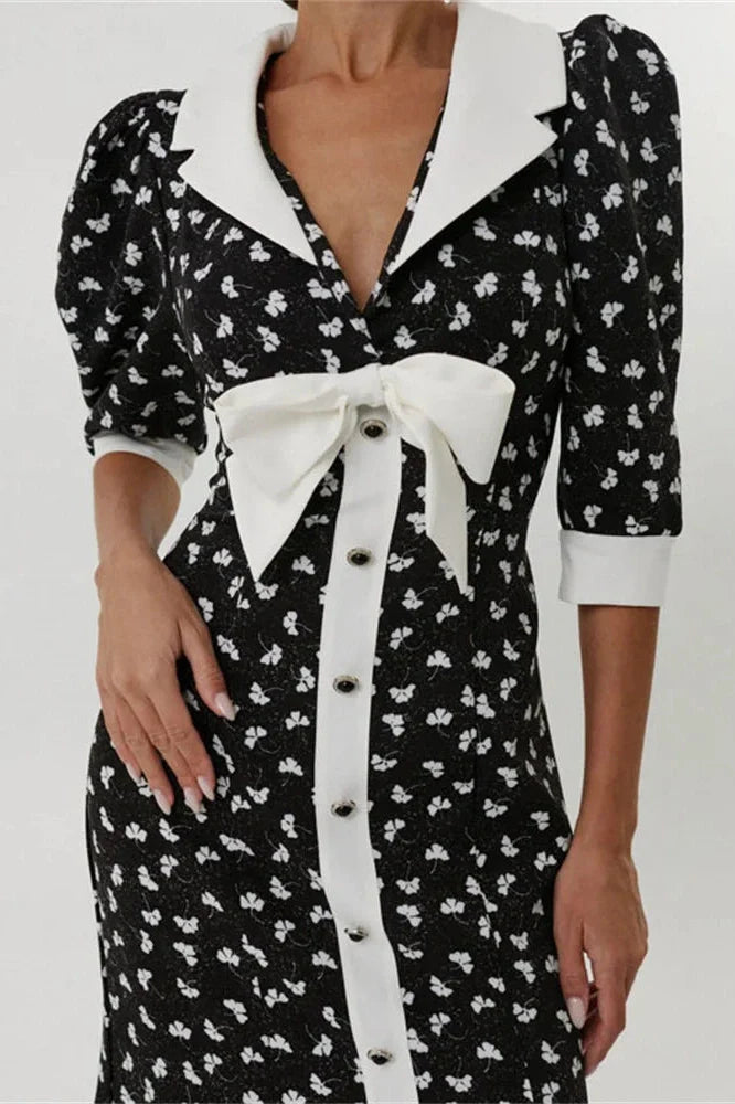 Printed V-Neck Patchwork Midi Dress