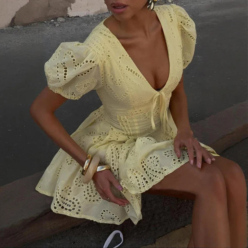 Lace Up V Neck Short Sleeve A-Line Mini Dress