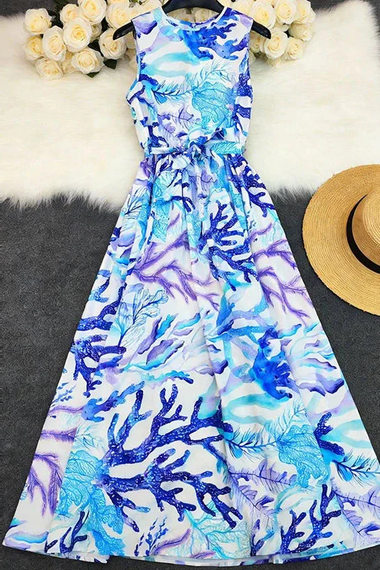 Printed Pleated Sleeveless High Waist Maxi Dress