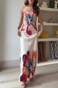 Printed Off Shoulder Slim Backless Strapless Maxi Dress