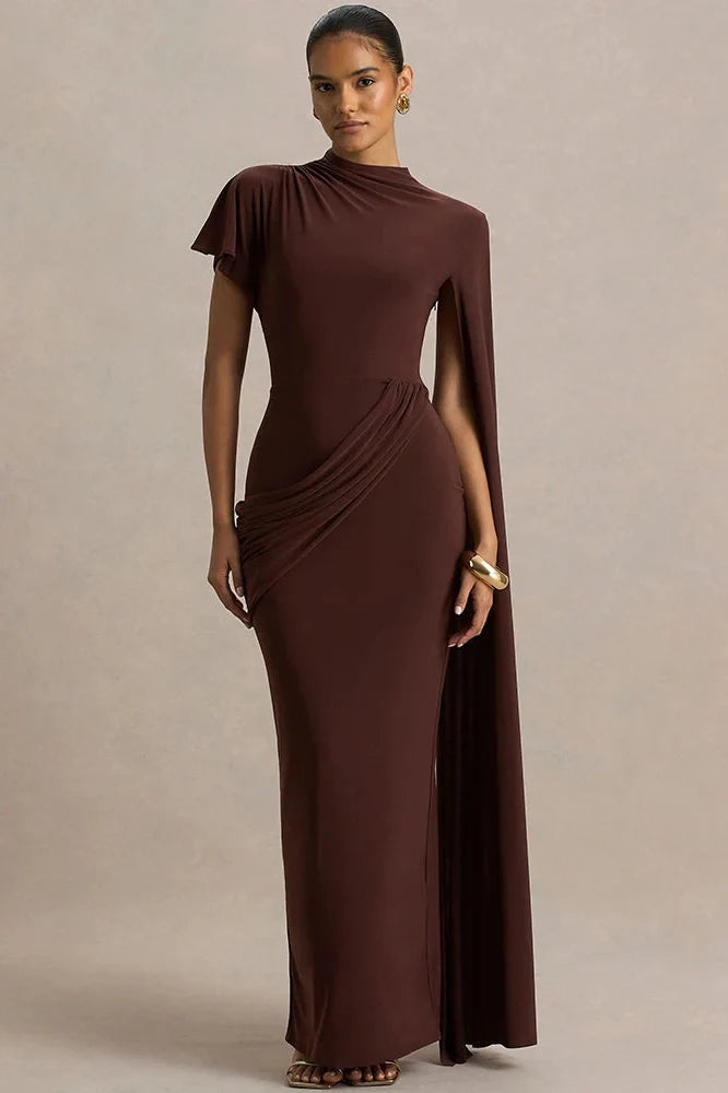 One Cape Sleeve O Neck High Collar High Waist Maxi Dress