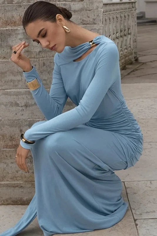 Elegant Pleats Slim-Fit Long-Sleeved Irregular Maxi Dress