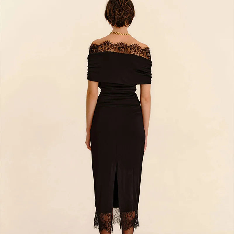 Lace Patchwork Off Shoulder Split Backless Maxi Dress