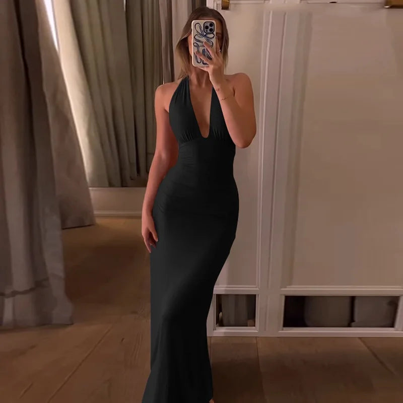 Backless Deep V Neck Lace Up Slim Maxi Dress