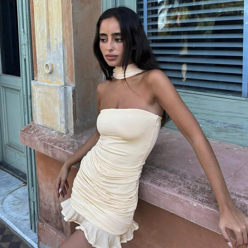 Pleated Strapless Sleeveless Slim Mini Dress