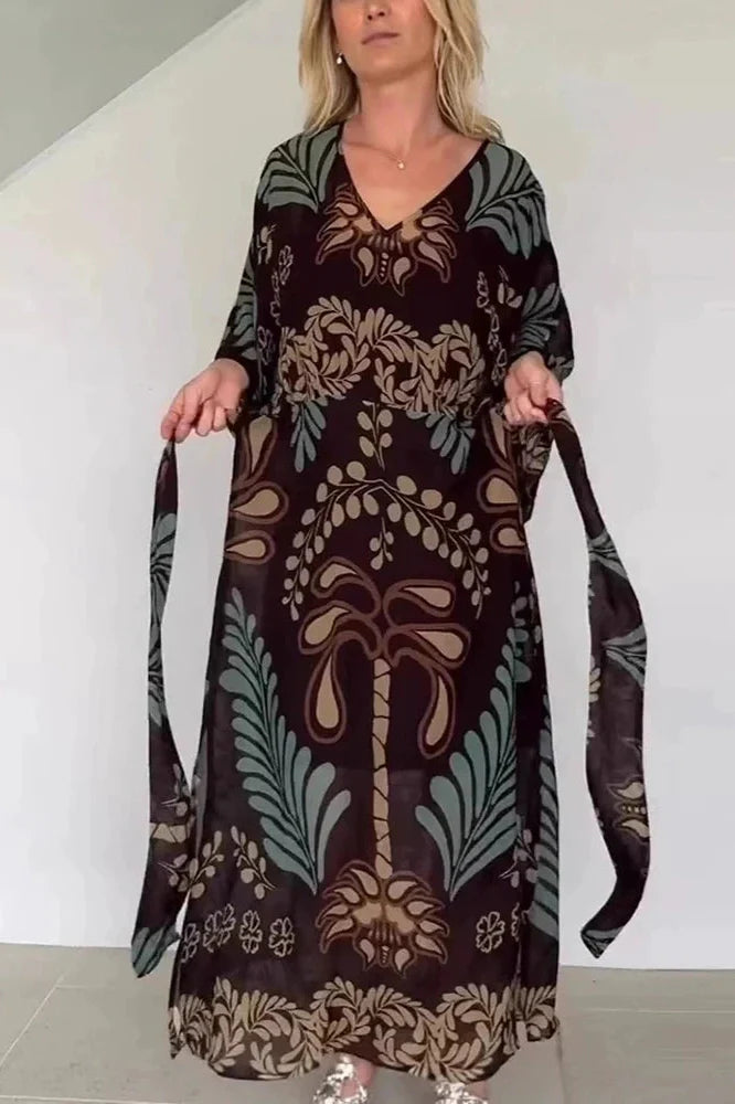Long Sleeve Loose Pleated Lace Up Printed V-Neck Maxi Dress