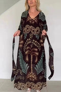 Long Sleeve Loose Pleated Lace Up Printed V-Neck Maxi Dress