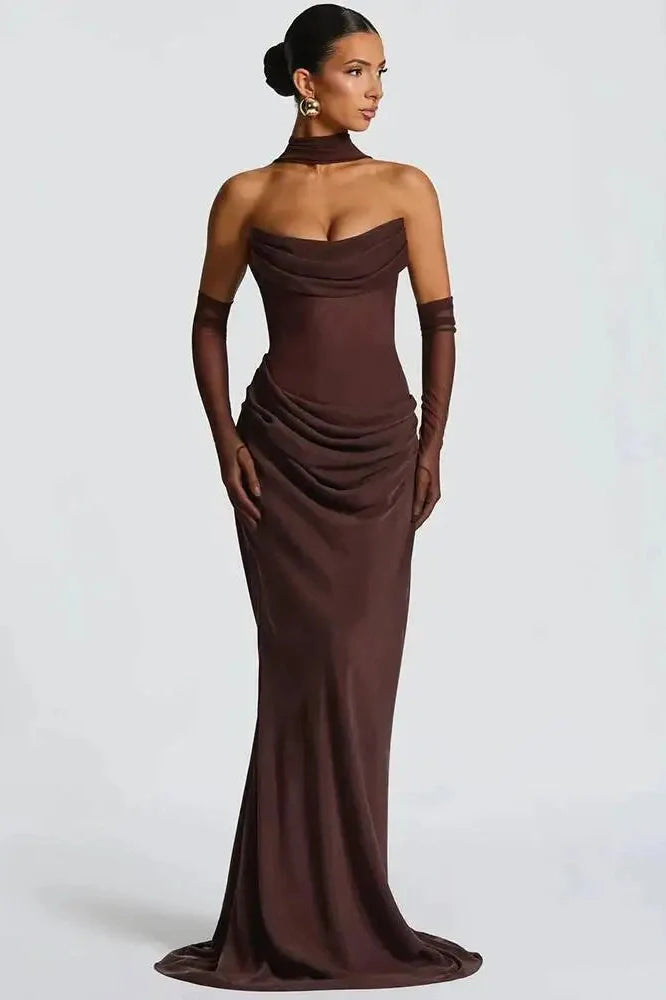 Off-Shoulder Scarf Collar Strapless Sleeveless Bodycon Maxi Dress