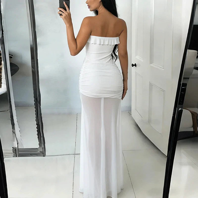 Hollow Out See-Through Patchwork Strapless Maxi Dress