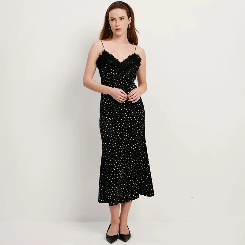 Lace Sleeveless Printed Slim Midi Dress