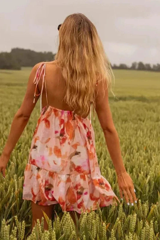 V-Neck Printed Backless Pleated Sleeveless Mini Dress