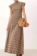 O-Neck Short Sleeve High Waist Pleated Printed Slim Maxi Dress
