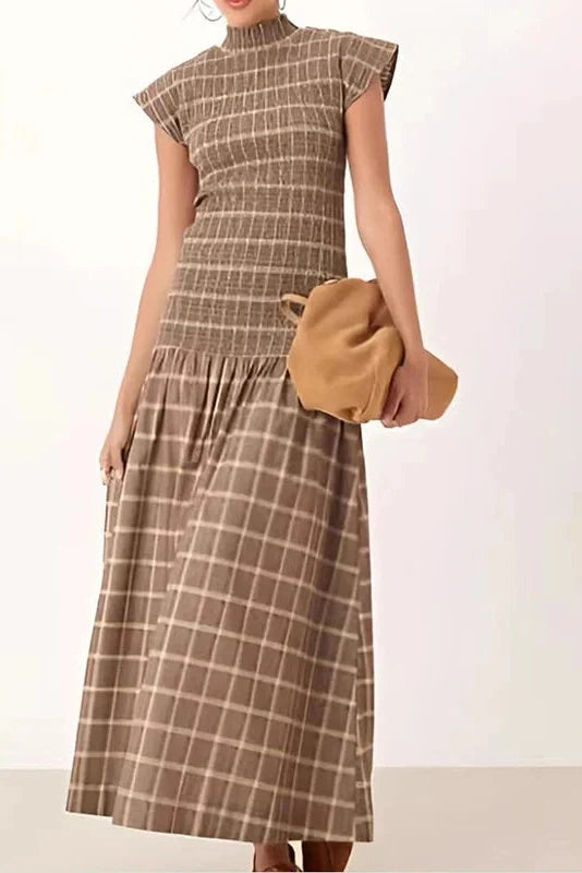 O-Neck Short Sleeve High Waist Pleated Printed Slim Maxi Dress