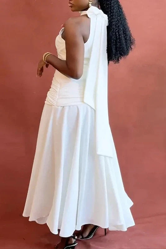 Hollow Out High Waist Lace Up Sleeveless Pleated Maxi Dress