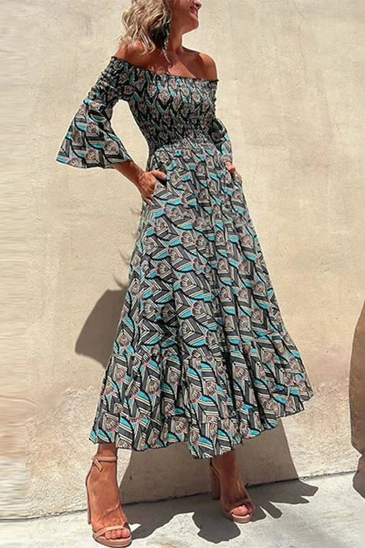 Printed Long Sleeve High Waist Pleated Midi Dress