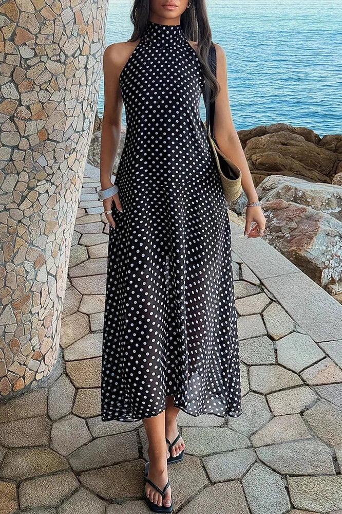 Polka Dot Printed High Waist Pleated Maxi Dress