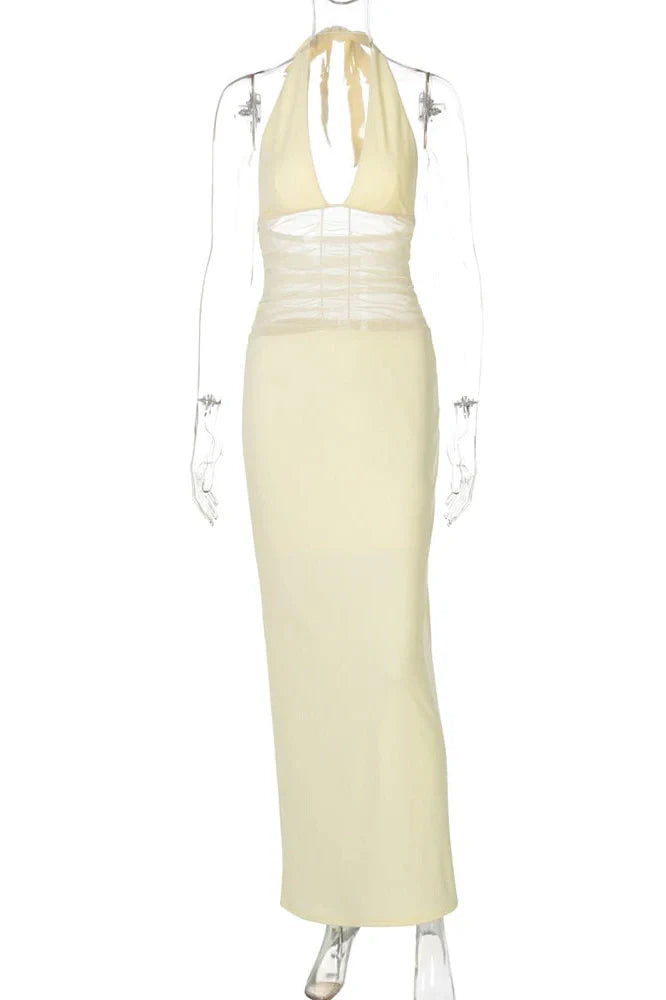 See Through Backless Deep V Neck Lace Up Maxi Dress