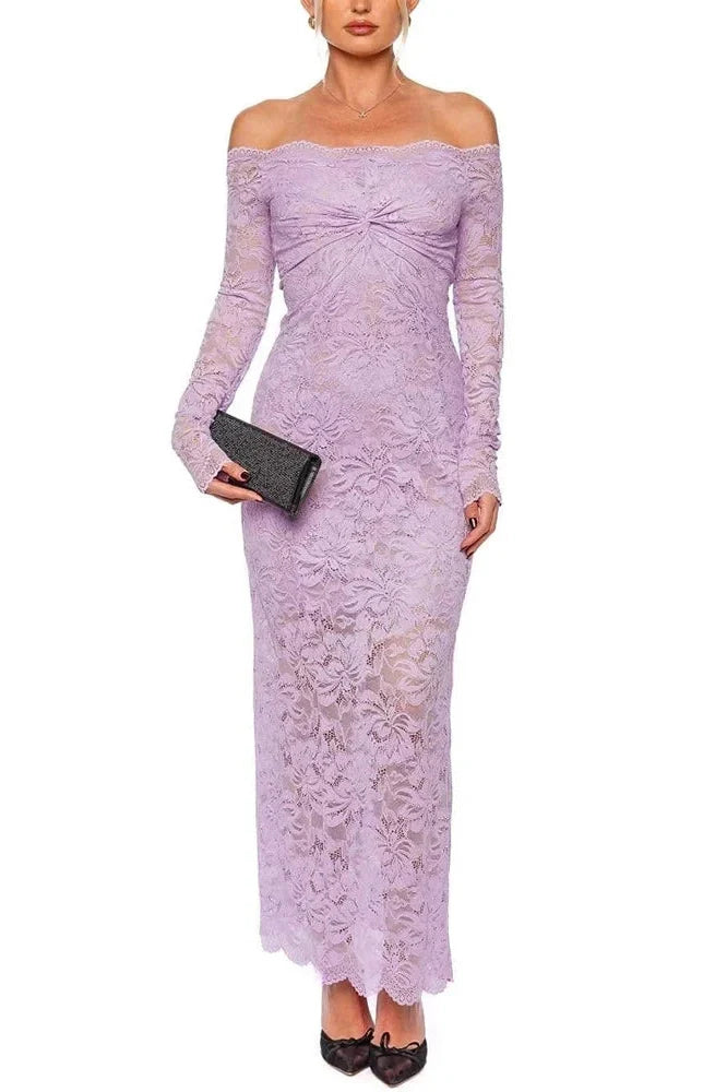 Lace Embroidery High Waist Off-Shoulder Slim Maxi Dress