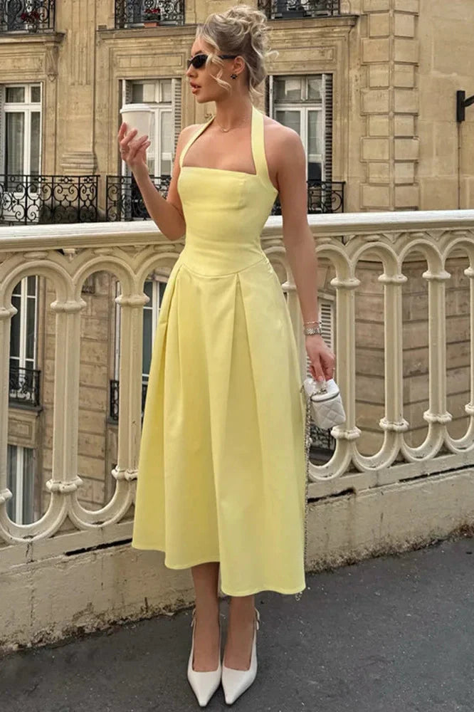 Backless Sleeveless High Waist A-Line Pleated Midi Dress