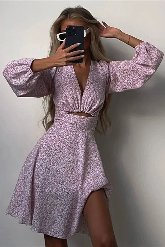 Hollow Out V-Neck Printed Long Sleeve Patchwork Mini Dress