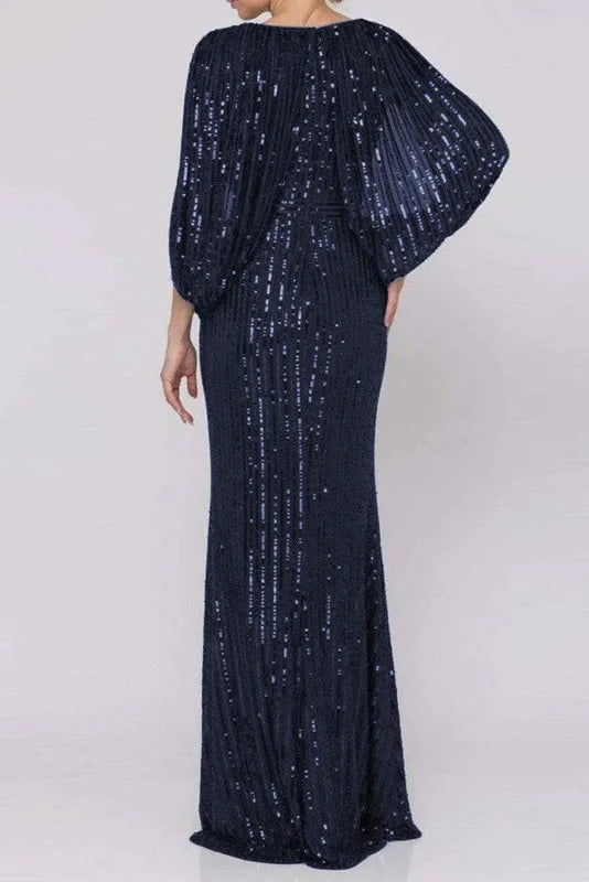 V-Neck High Waist Sleeves Pleat Maxi Dress
