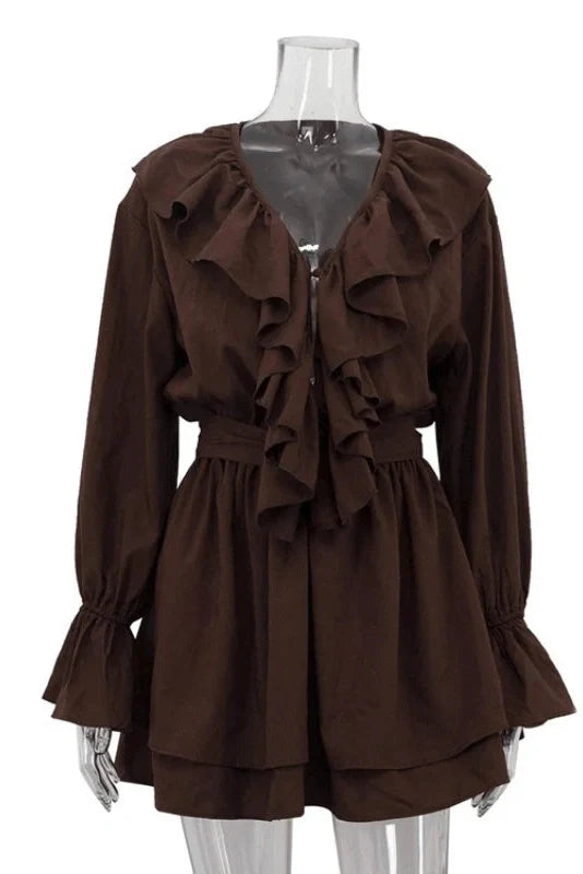 V-Neck Flared Sleeves High-Waisted A-Line Mini Dress