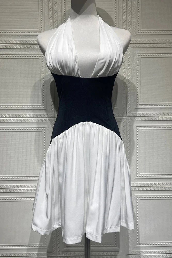 Patchwork Backless V Neck Sleeveless High Waist Pleated Mini Dress