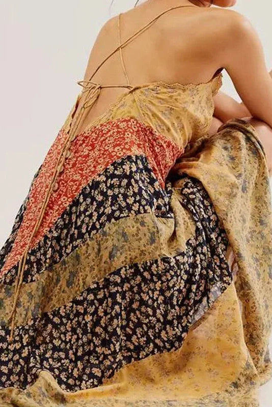 V-Neck Sleeveless Slim Backless Pleated Printed Irregular Maxi Dress