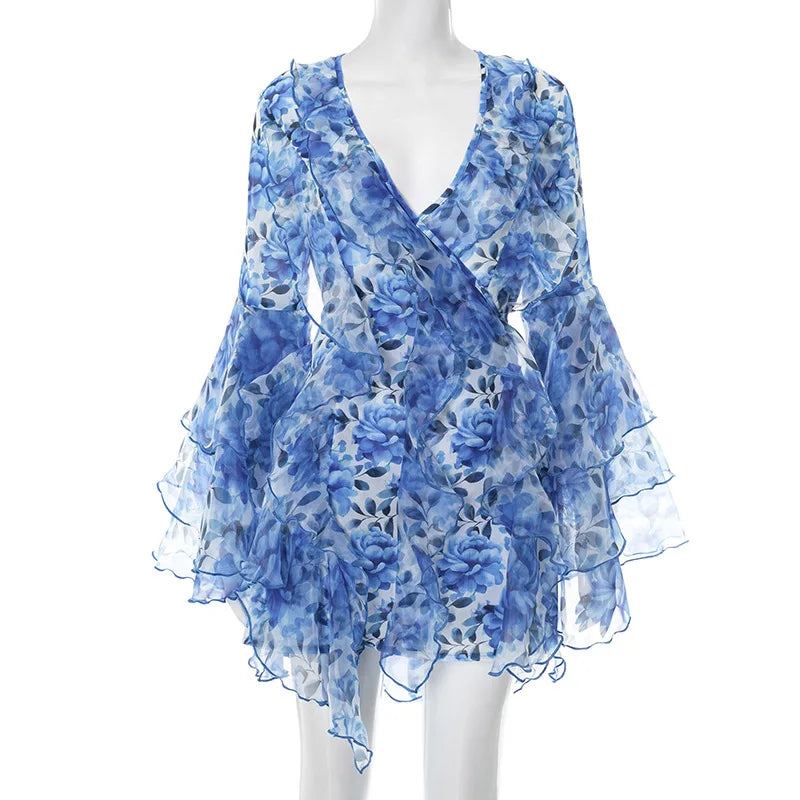 Printed V Neck Slim High Waist Mini Dress