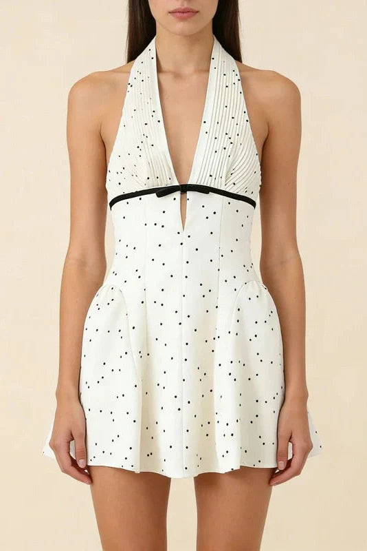 Hollow Out Pleated Backless Printed Sleeveless Mini Dress
