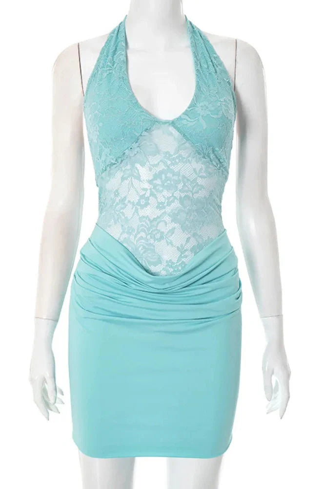 Lace Patchwork Sleeveless Backless Mini Dress