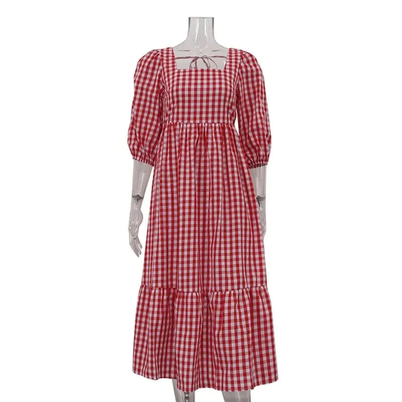 Square Neck Lace-Up Half Sleeve High Waist Patchwork Maxi Dress