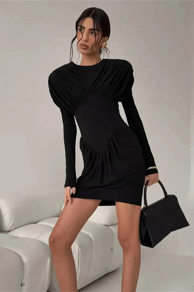 Pleated Patchwork Long Sleeve Bodycon Mini Dress