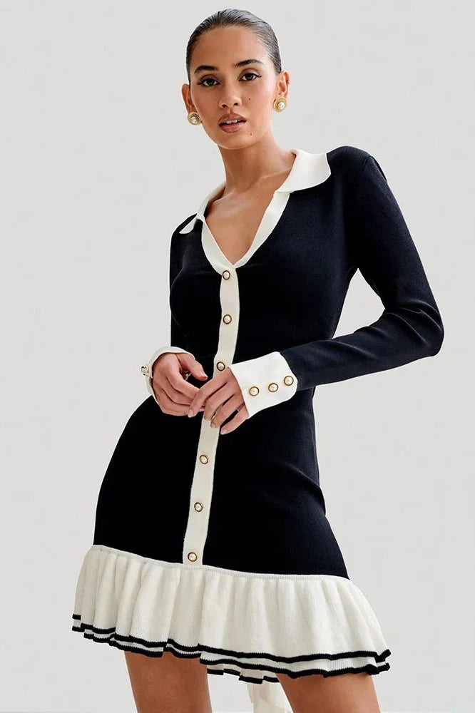 Long Sleeve V Neck Pearl Mini Dress