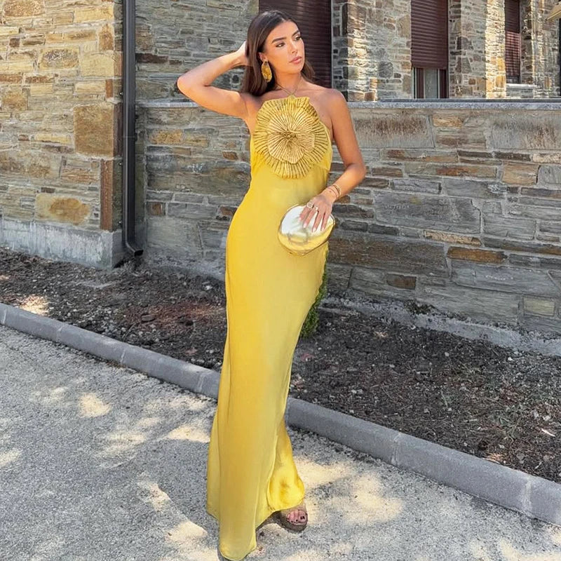 V Neck Diamond Flower Backless Maxi Dress