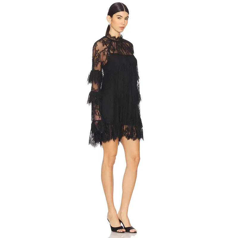 Lace See-Through Long Sleeve Loose Mini Dress