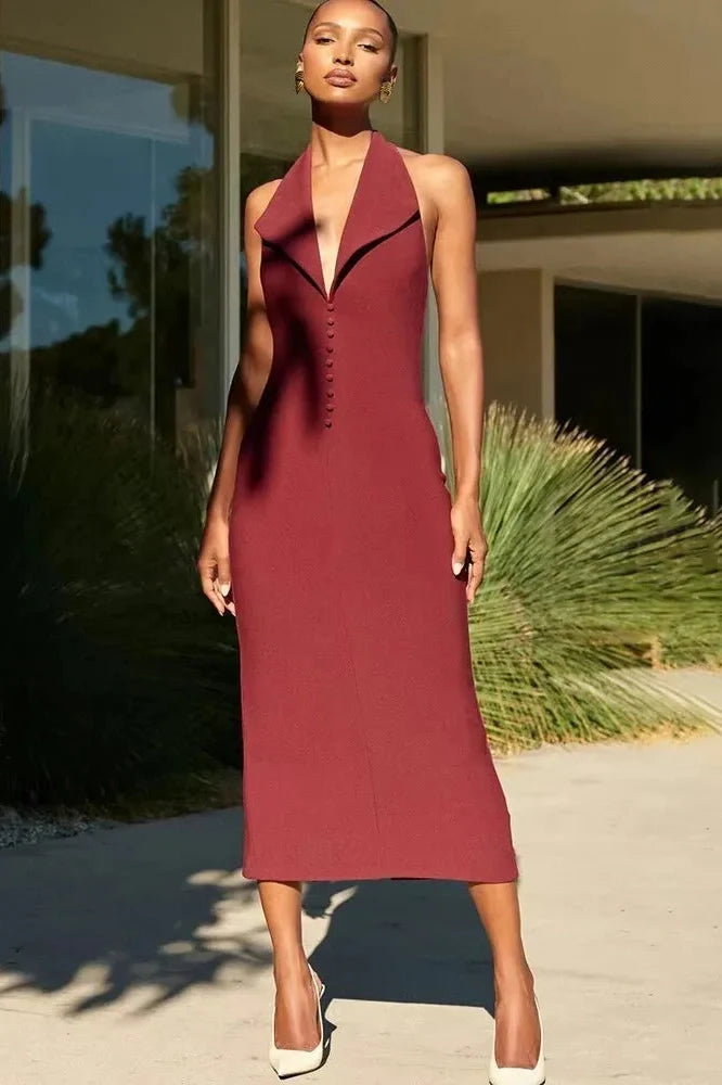 Deep V Neck Sleeveless Backless Bodycon Maxi Dress