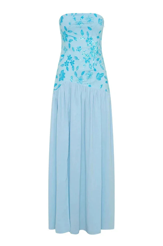 Off-Shoulder Split Print Strapless Backless Pleated Maxi Dress