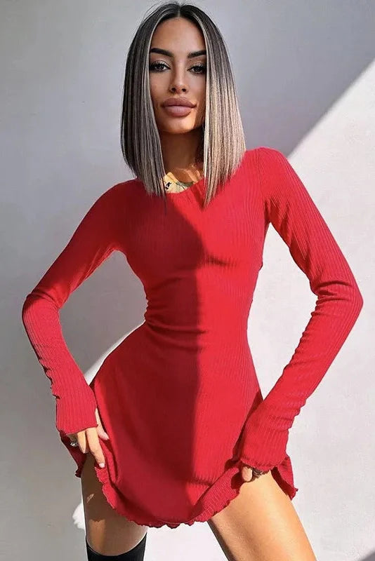 Long Sleeve O Neck Lace-up Mini Dress