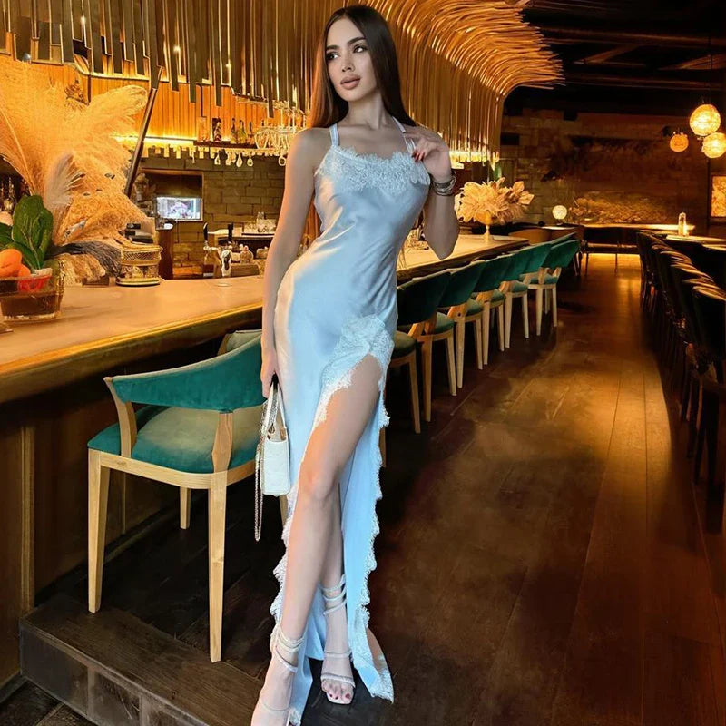 Backless Spaghetti Strap Lace Up Slim Maxi Dress