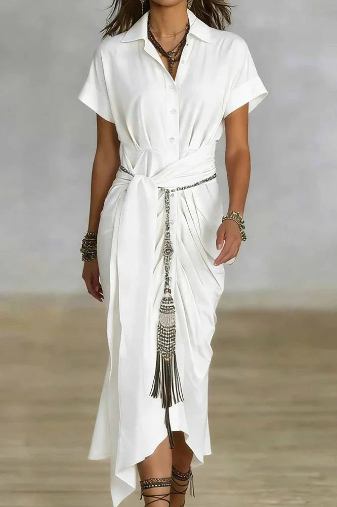 Elegant Pleated Lace Up Short Sleeve Midi Dress