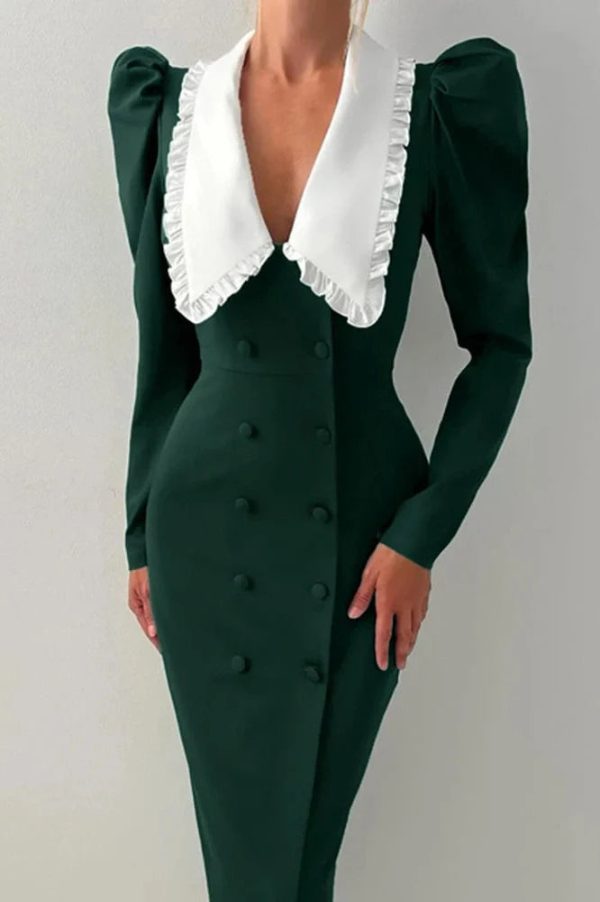Elegant Long Sleeve Double Breasted Midi Dress